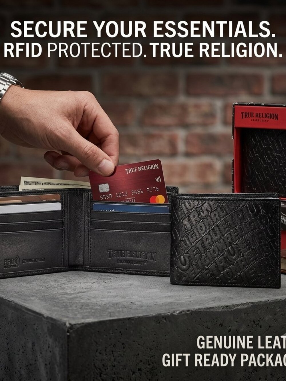 TRUE RELIGION Black Leather Bifold Wallet Logo Boxed RFID Gift for Men NWT